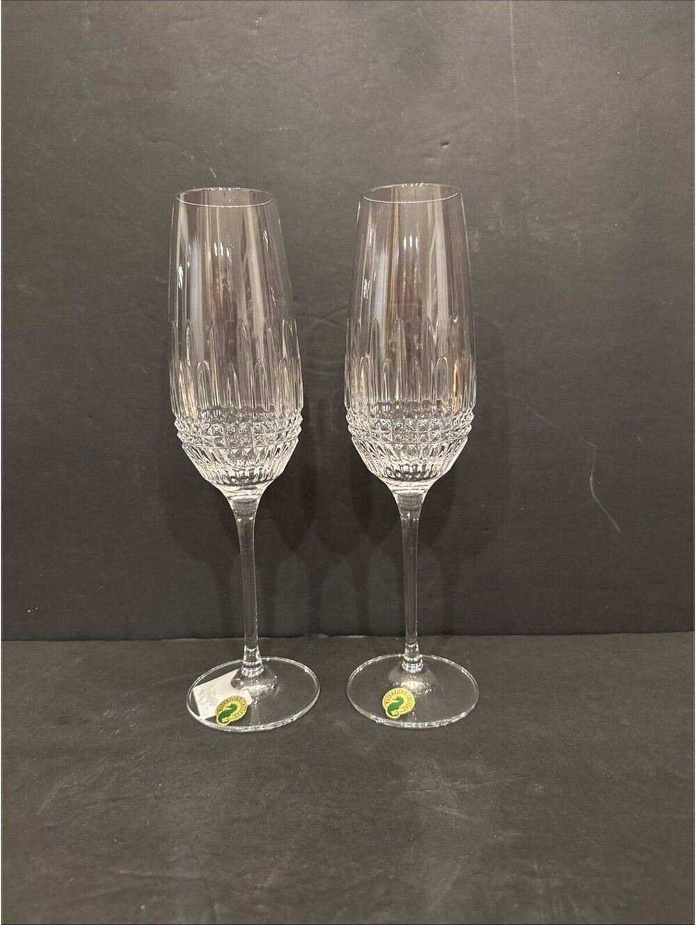 New Waterford Lismore Diamond (2) Champagne Flutes - 8" Clear Crystal